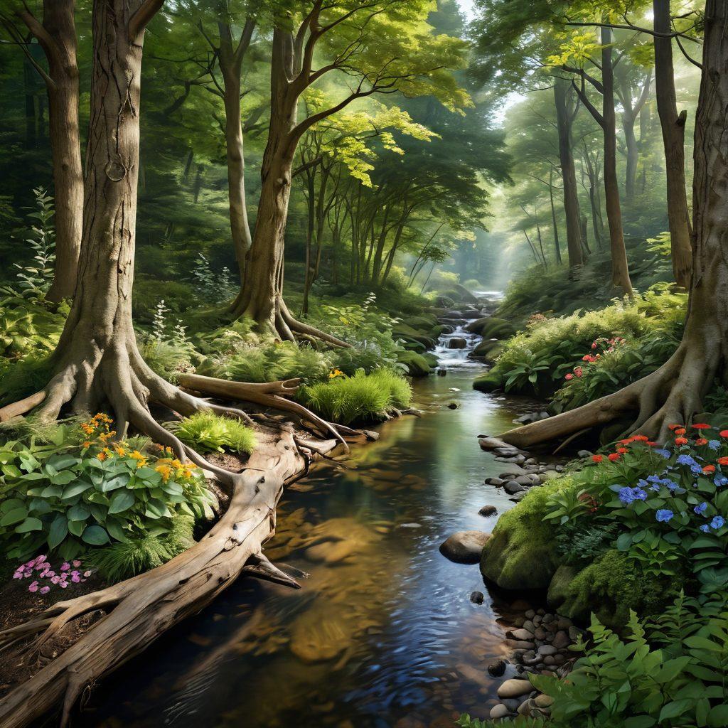 A tranquil woodland scene showcasing diverse trees with rich foliage, intertwined roots, and a gentle stream flowing through. Add elements like a person planting a sapling, wildlife peeking through the undergrowth, and vibrant flowers enriching the forest floor. The atmosphere should exude harmony and sustainability, highlighting eco-friendly practices. super-realistic. vibrant colors. soft natural lighting.