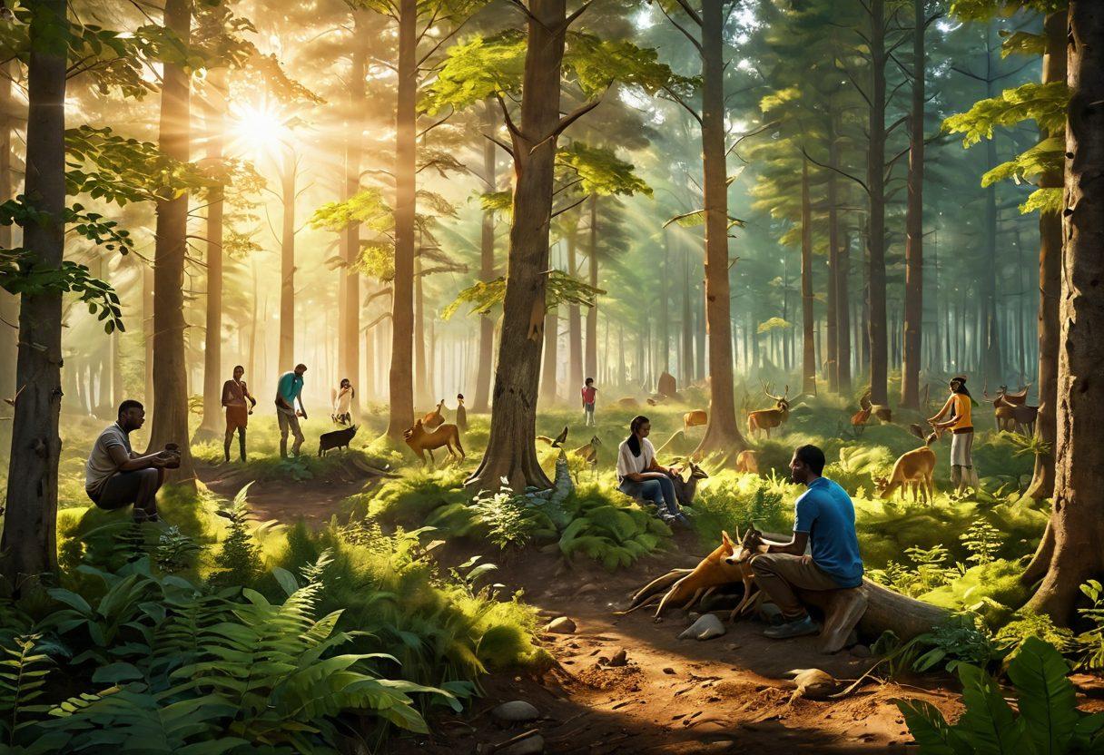 A serene forest scene showcasing vibrant greenery and towering trees, with diverse community members engaged in sustainable forestry practices, planting saplings and tending to the earth. The sunlight filters through the foliage, casting warm golden rays on smiling faces, symbolizing unity and care for the environment. Include wildlife like birds and deer to highlight harmony in nature. super-realistic. vibrant colors. natural light.